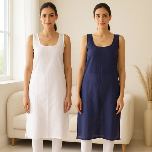 KURTIVERSE Women’s Poly Cotton Long Inner Slip Combo Pack of 2 with Side Slit | Royal Blue & White