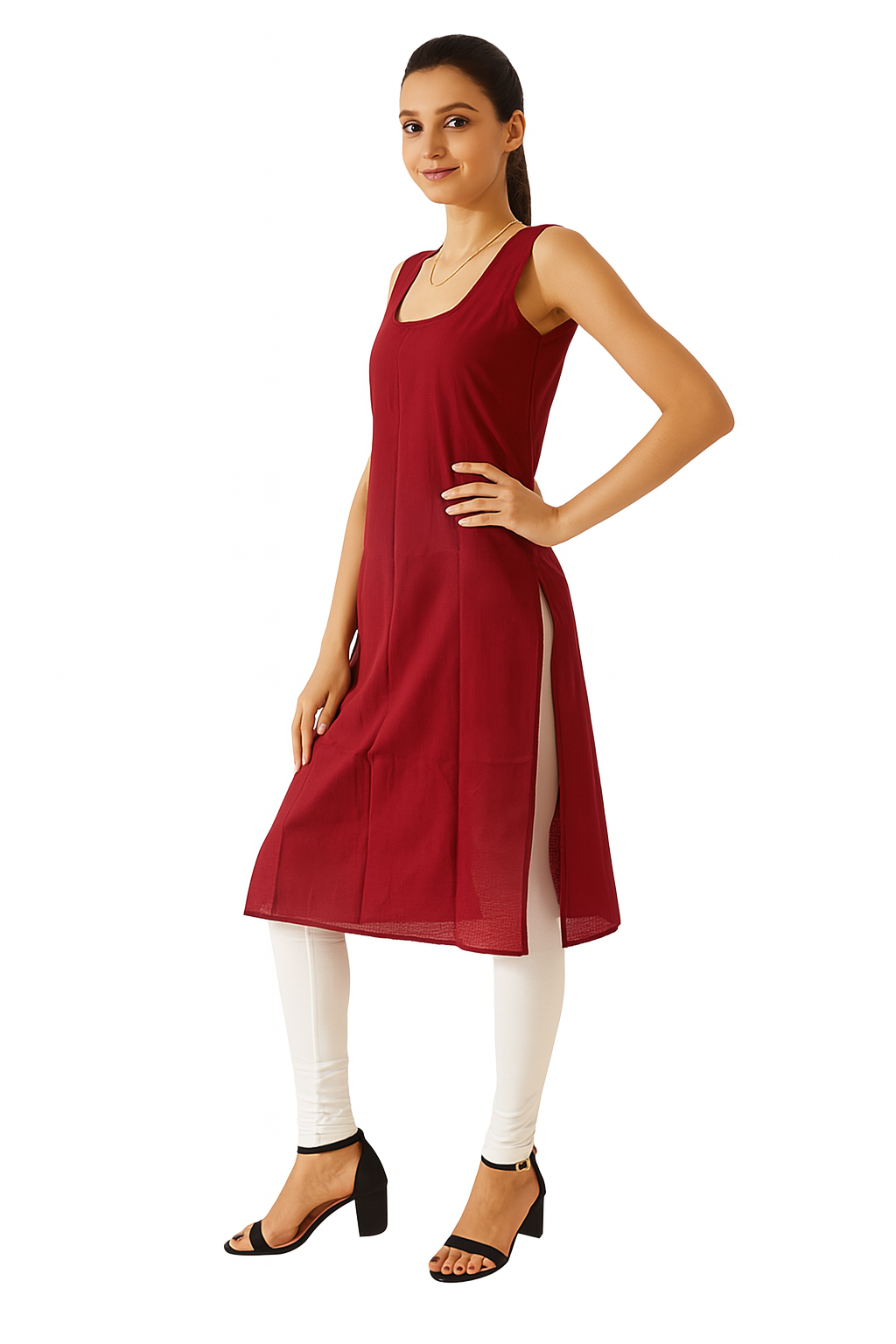 KURTIVERSE Women’s Poly Cotton Long Inner Slip Combo Pack of 2 with Side Slit | Maroon & White