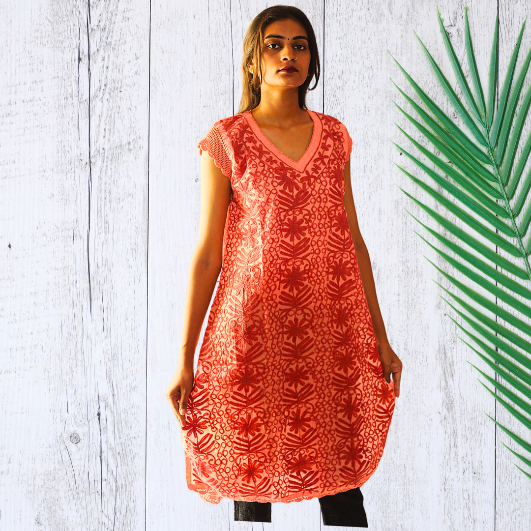 KurtiVerse Short Sleeve Cotton Chikan Embroidery Kurti for Women - Peach
