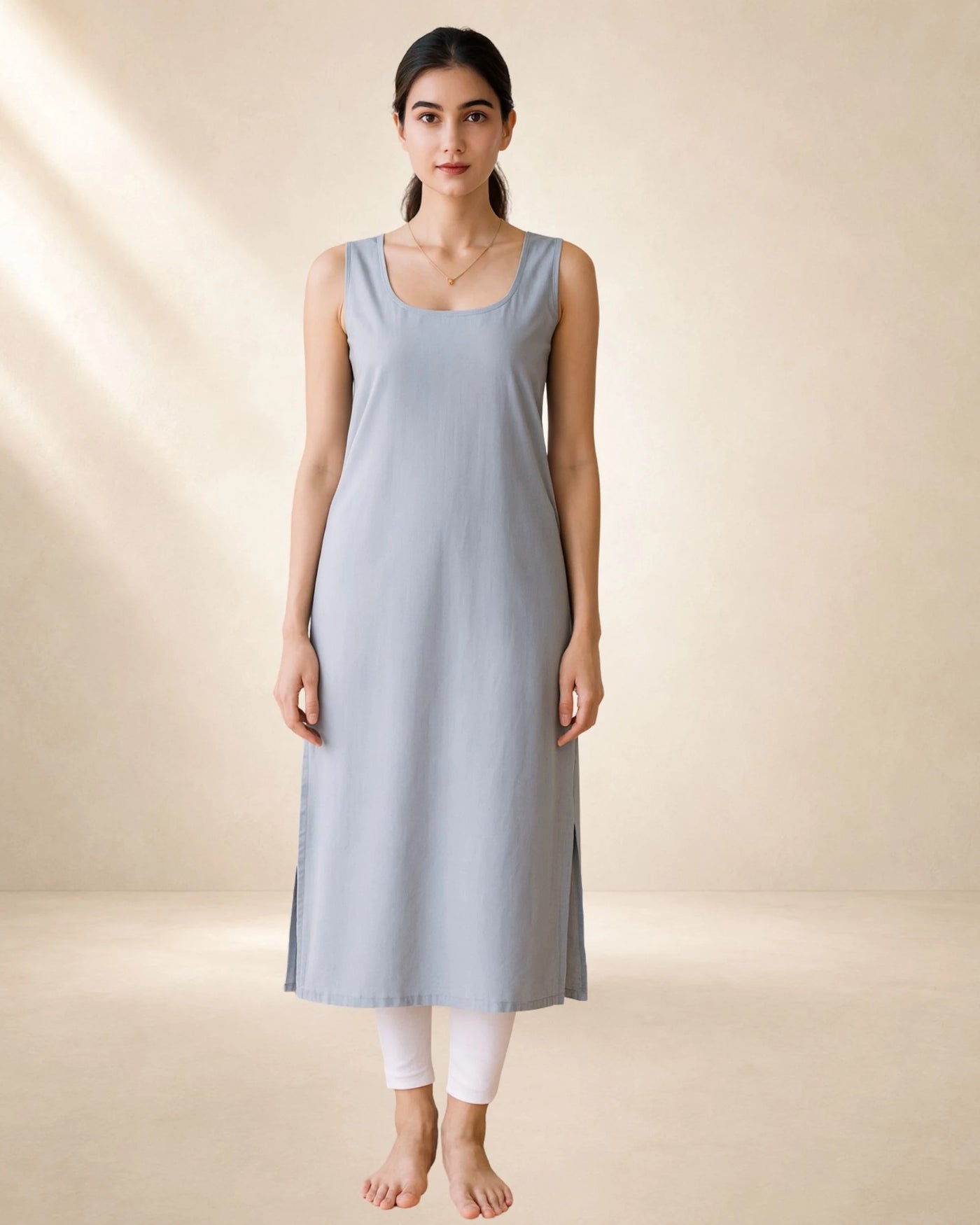 KURTIVERSE Women’s Poly Cotton Long Inner Slip Combo Pack of 2 with Side Slit | Light Grey & White