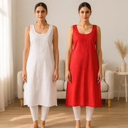 KURTIVERSE Women’s Poly Cotton Long Inner Slip Combo Pack of 2 with Side Slit | Red & White