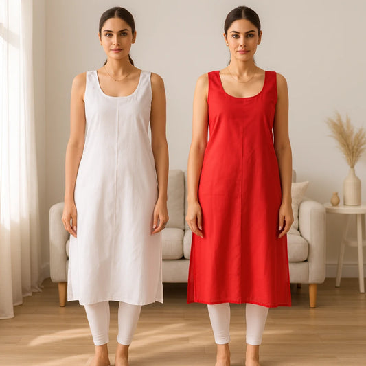 KURTIVERSE Women’s Poly Cotton Long Inner Slip Combo Pack of 2 with Side Slit | Red & White