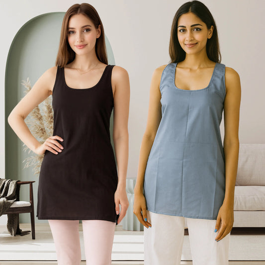 KURTIVERSE Women’s Cotton Short Inner Slip Combo Pack of 2 | Grey & Black