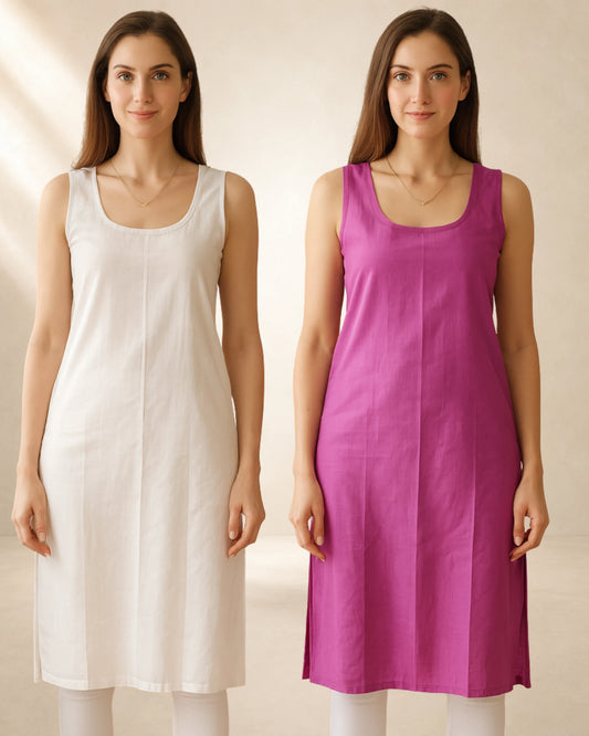 KURTIVERSE Women’s Poly Cotton Long Inner Slip Combo Pack of 2 with Side Slit | Magenta & White