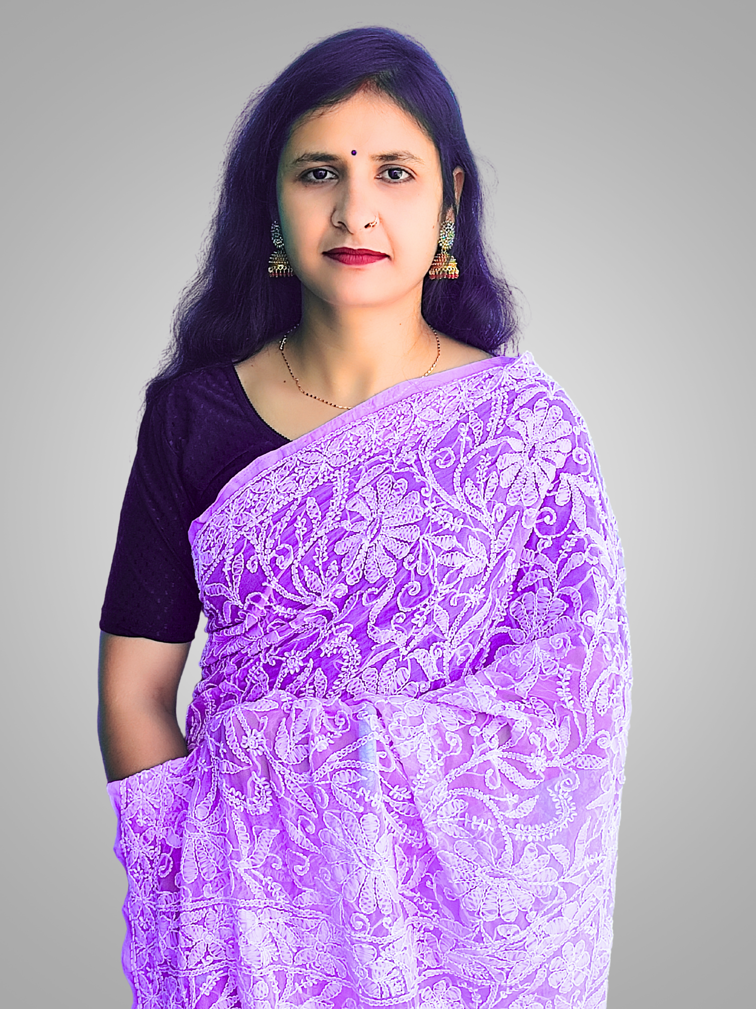 KURTIVERSE Chikan Hand Embroidered Georgette Saree with Blouse