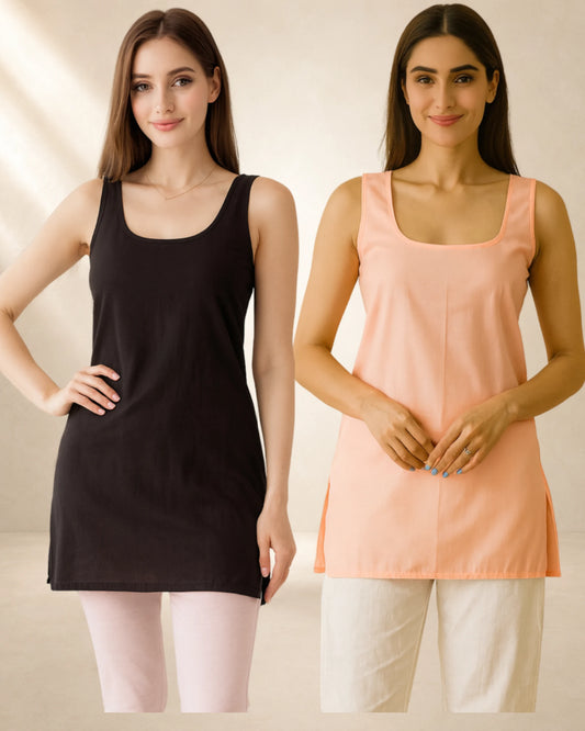 KURTIVERSE Women’s Cotton Short Inner Slip Combo Pack of 2 | Peach & Black