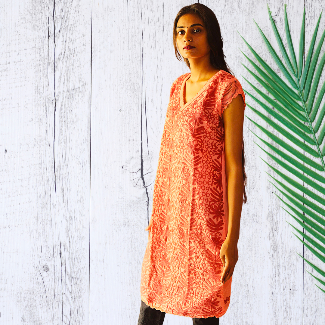 KurtiVerse Short Sleeve Cotton Chikan Embroidery Kurti for Women - Peach