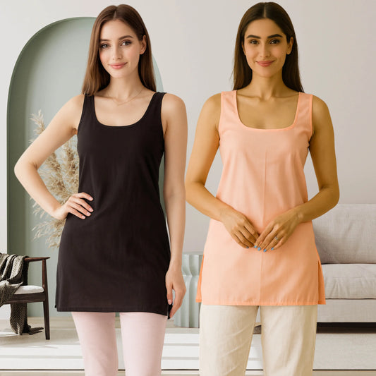 KURTIVERSE Women’s Cotton Short Inner Slip Combo Pack of 2 | Peach & Black