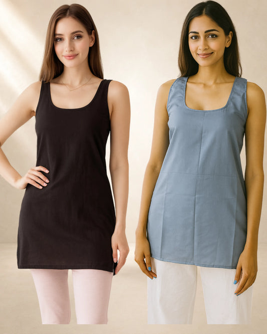 KURTIVERSE Women’s Cotton Short Inner Slip Combo Pack of 2 | Grey & Black