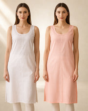 KURTIVERSE Women’s Poly Cotton Long Inner Slip Combo Pack of 2 with Side Slit | Pink & White |
