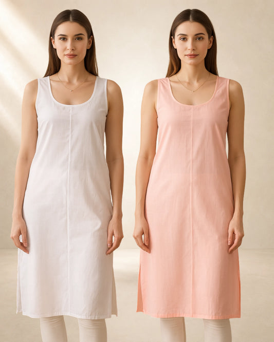 KURTIVERSE Women’s Poly Cotton Long Inner Slip Combo Pack of 2 with Side Slit | Pink & White |