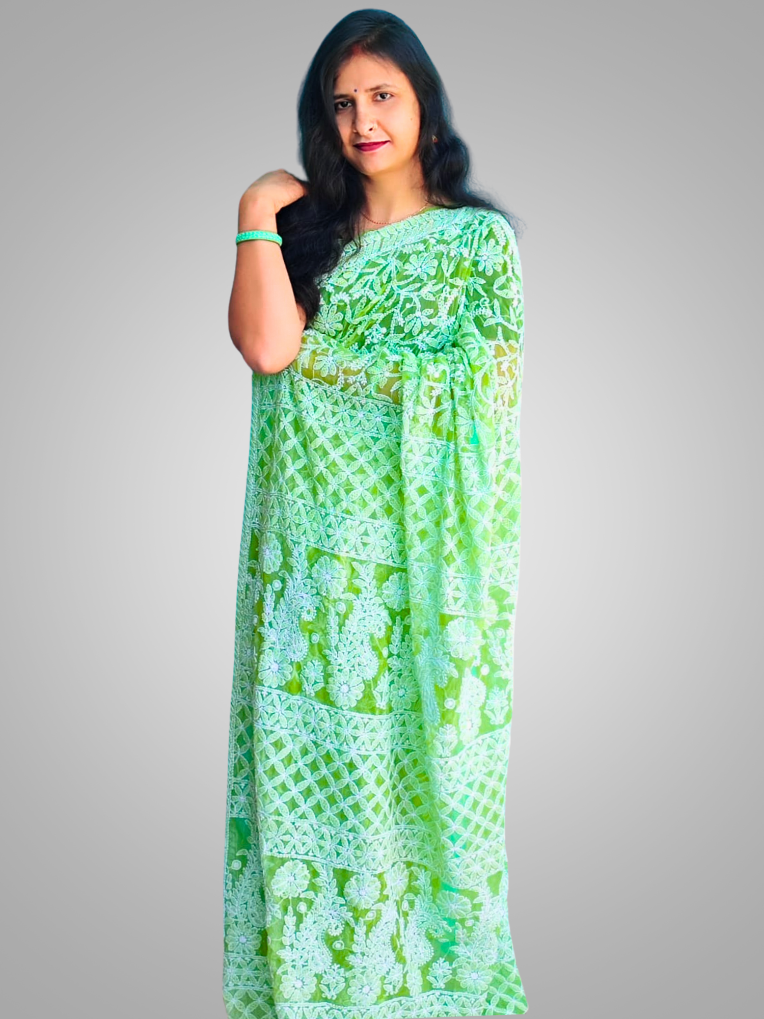 KURTIVERSE Chikan Hand Embroidered Georgette Saree with Blouse