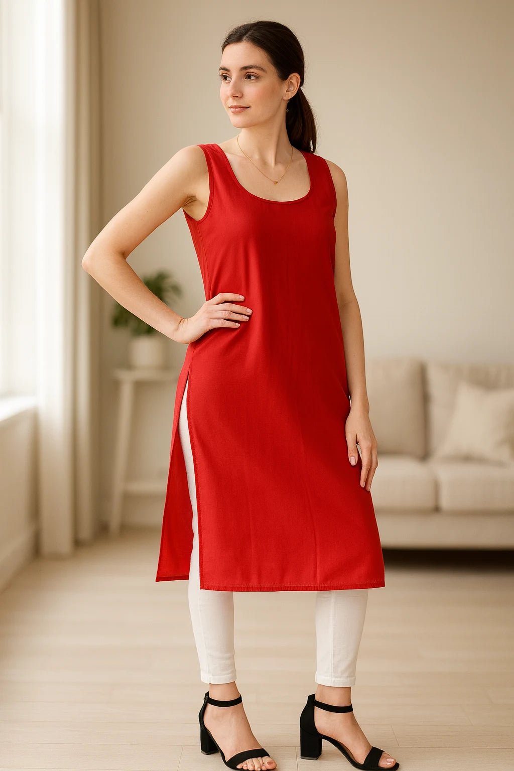 KURTIVERSE Women’s Poly Cotton Long Inner Slip Combo Pack of 2 with Side Slit | Red & White