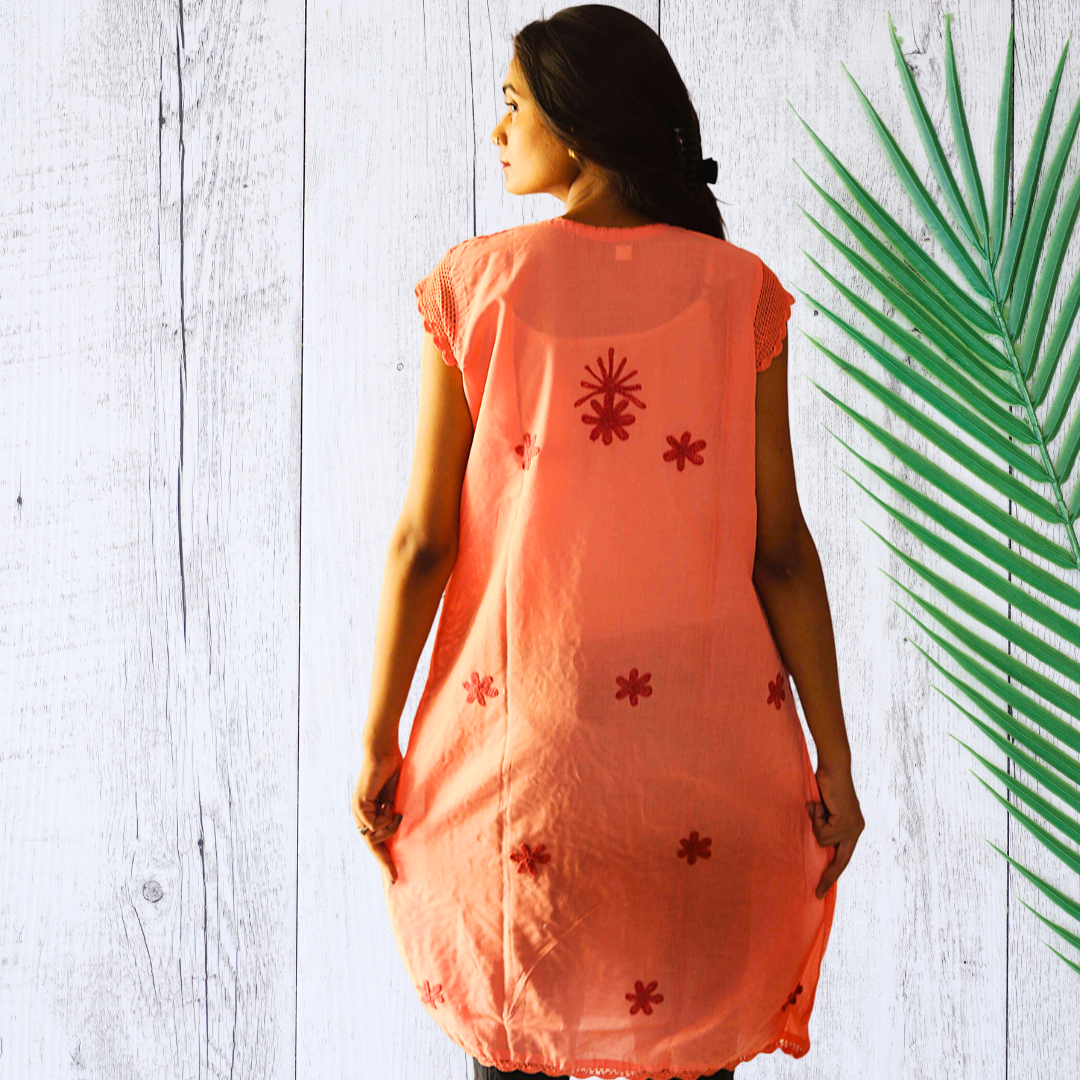 KurtiVerse Short Sleeve Cotton Chikan Embroidery Kurti for Women - Peach