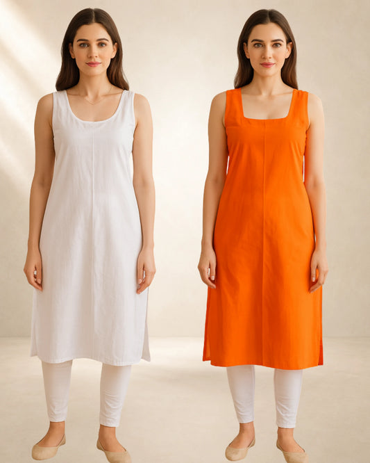 KURTIVERSE Women’s Poly Cotton Long Inner Slip Combo Pack of 2 with Side Slit | Orange & White