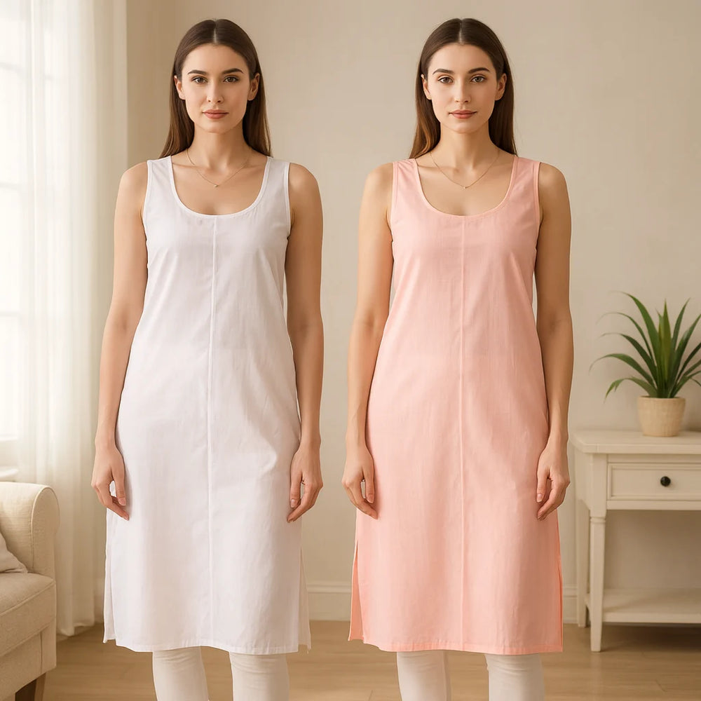 KURTIVERSE Women’s Poly Cotton Long Inner Slip Combo Pack of 2 with Side Slit | Pink & White |