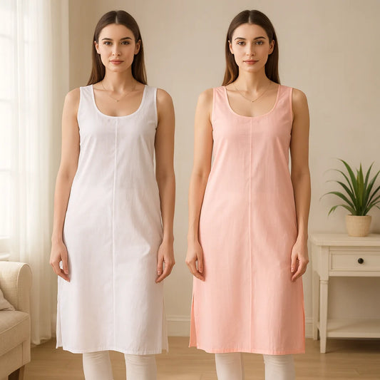 KURTIVERSE Women’s Poly Cotton Long Inner Slip Combo Pack of 2 with Side Slit | Pink & White |