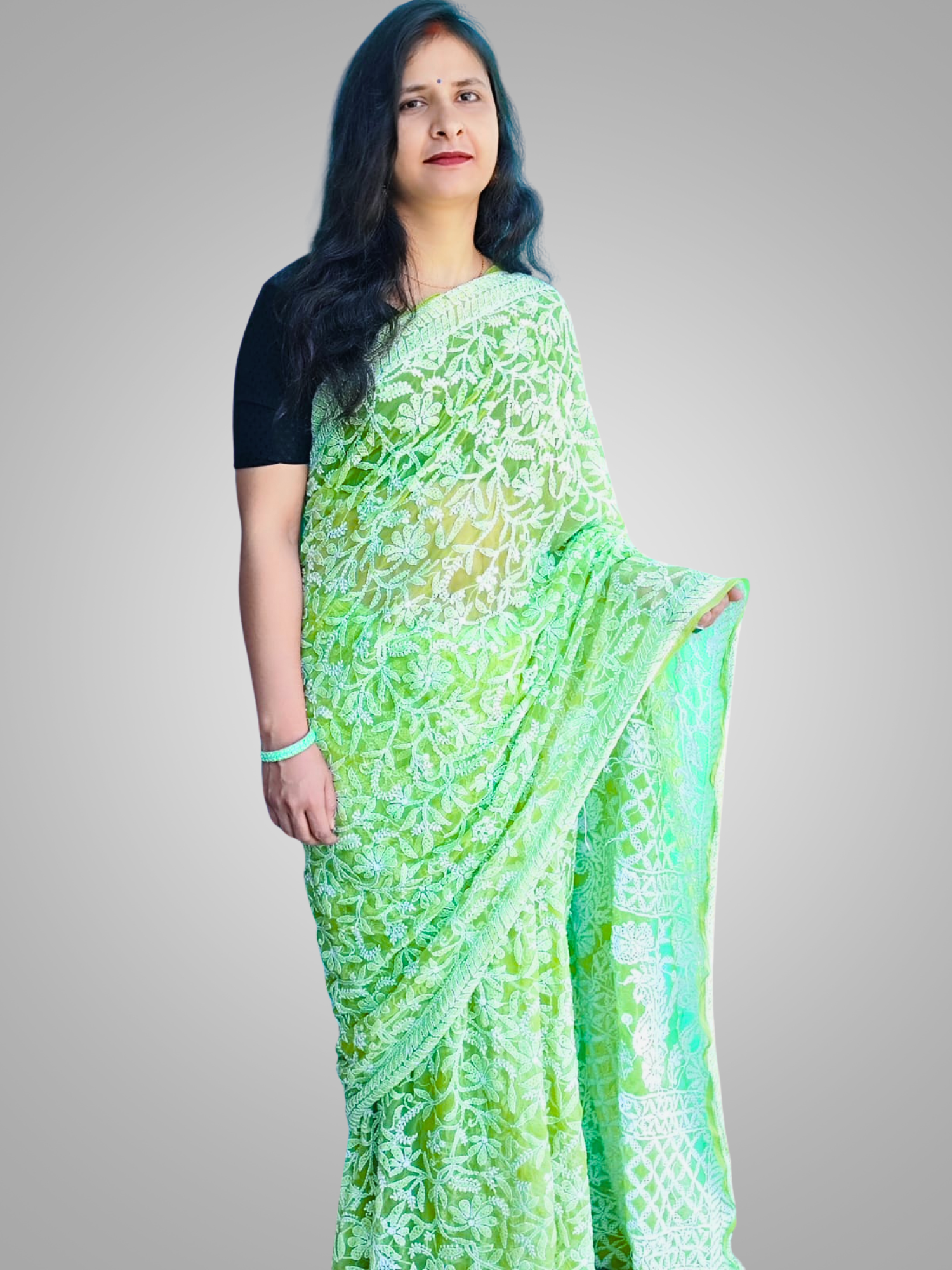 KURTIVERSE Chikan Hand Embroidered Georgette Saree with Blouse