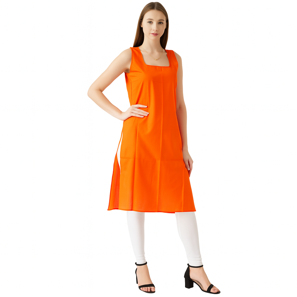 KURTIVERSE Women’s Poly Cotton Long Inner Slip Combo Pack of 2 with Side Slit | Orange & White