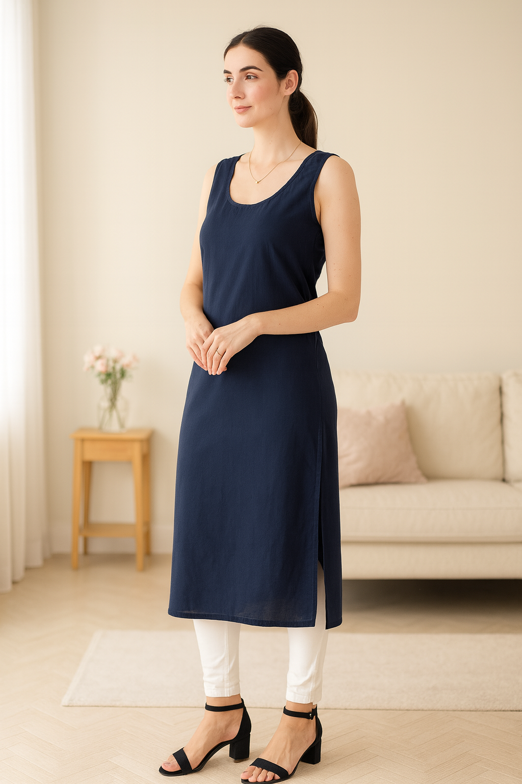KURTIVERSE Women’s Poly Cotton Long Inner Slip Combo Pack of 2 with Side Slit | Navy Blue & Black