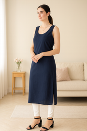 KURTIVERSE Women’s Poly Cotton Long Inner Slip Combo Pack of 2 with Side Slit | Navy Blue & Black