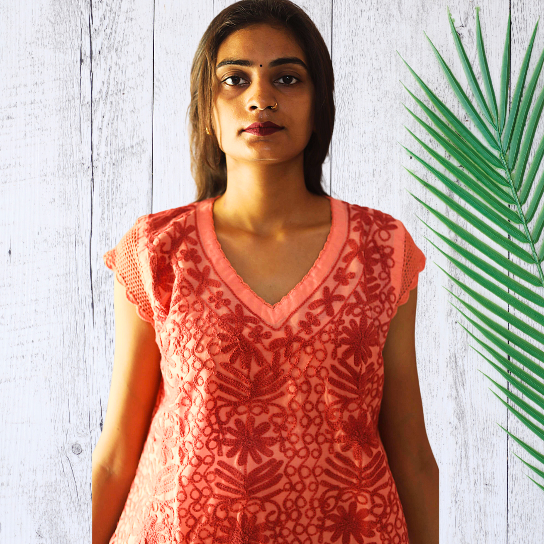KurtiVerse Short Sleeve Cotton Chikan Embroidery Kurti for Women - Peach