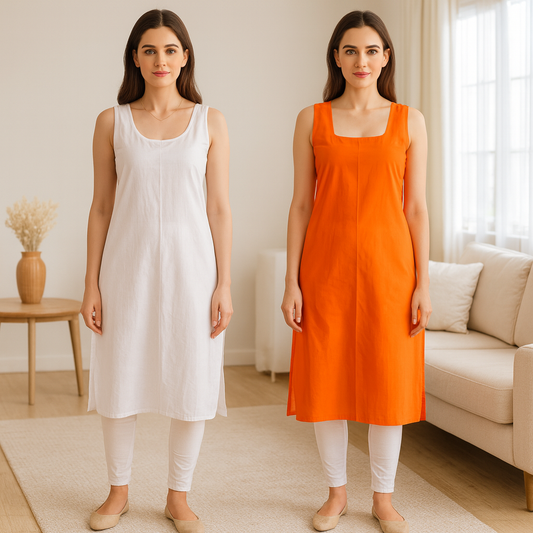 KURTIVERSE Women’s Poly Cotton Long Inner Slip Combo Pack of 2 with Side Slit | Orange & White