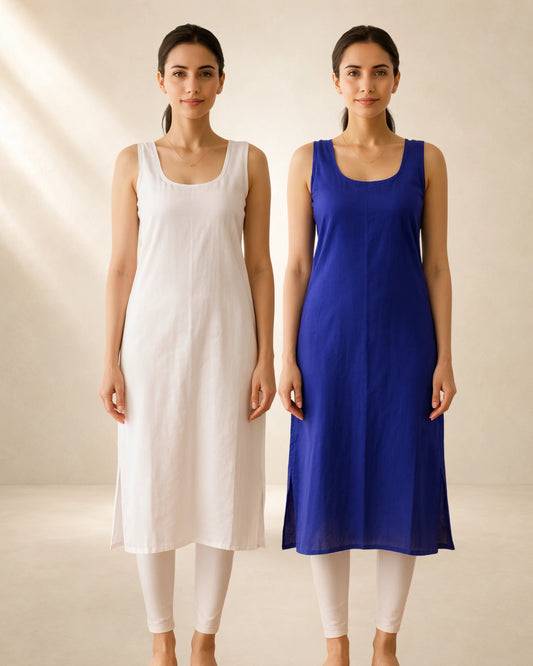 KURTIVERSE Women’s Poly Cotton Long Inner Slip Combo Pack of 2 with Side Slit | Royal Blue & White