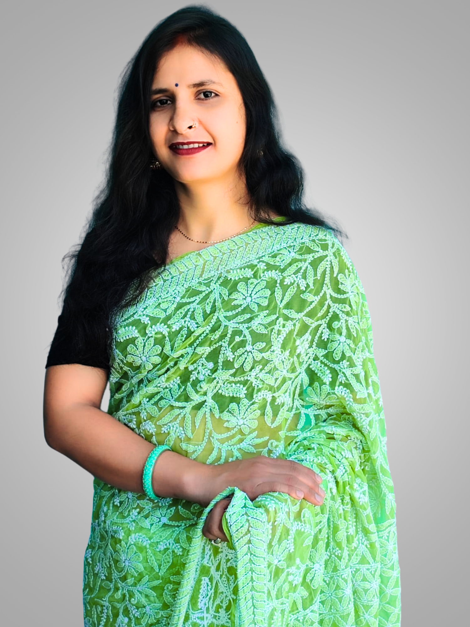 KURTIVERSE Chikan Hand Embroidered Georgette Saree with Blouse