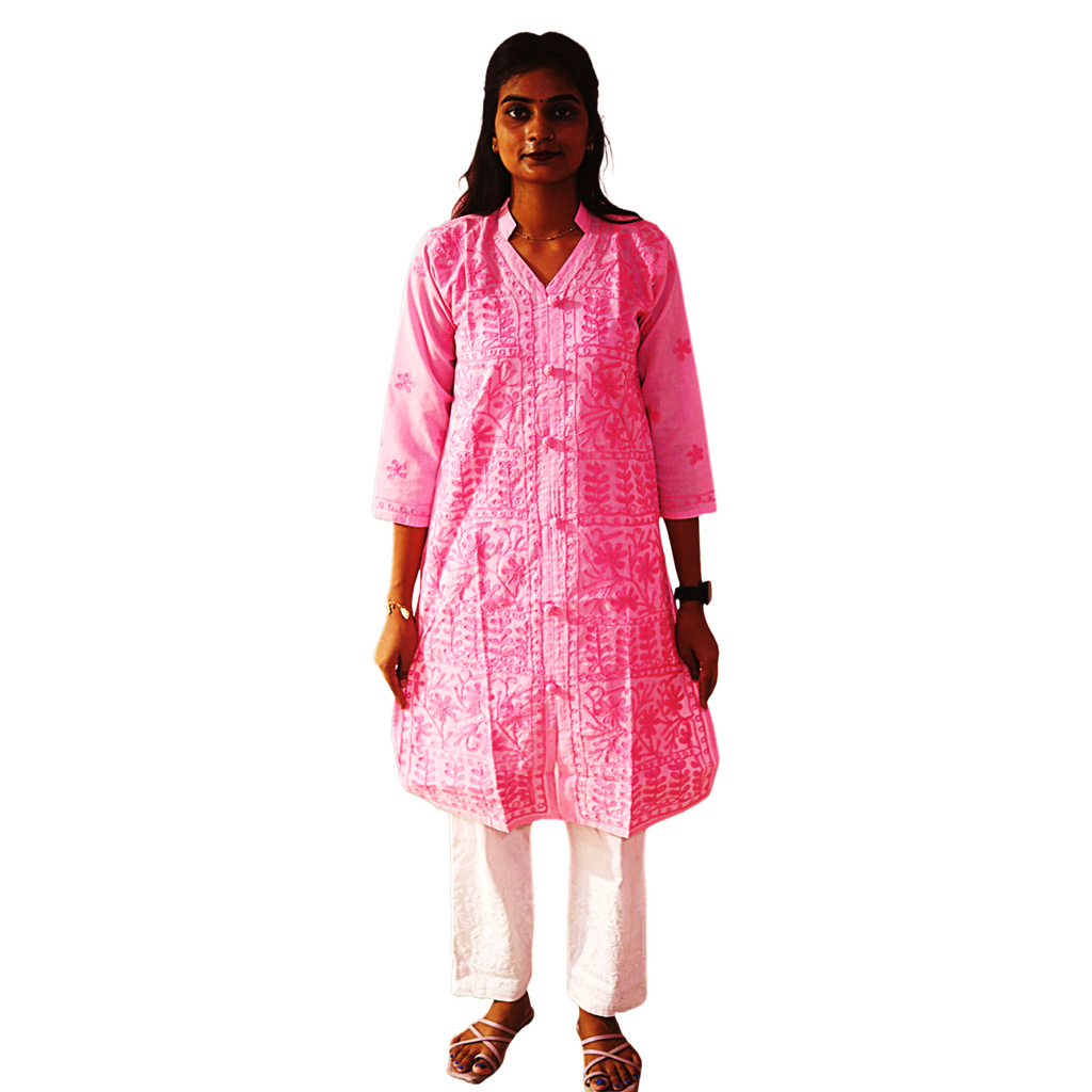 KurtiVerse White & Pink Button Kurti Combo Pack Of 2
