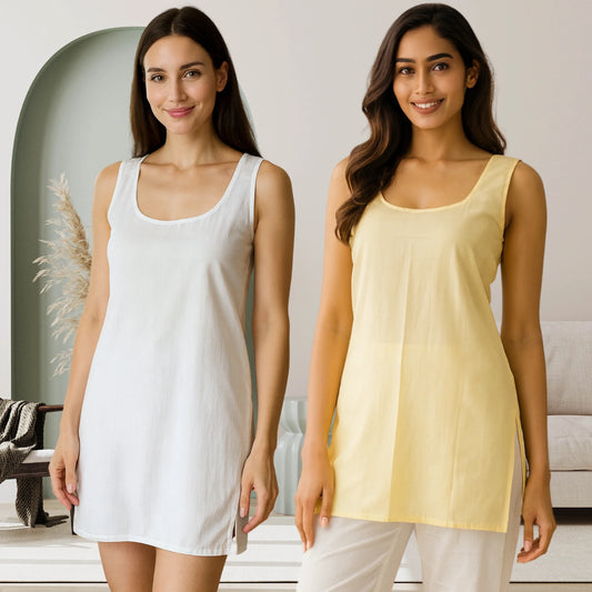 KURTIVERSE Women’s Cotton Short Inner Slip Combo Pack of 2 | White & Beige