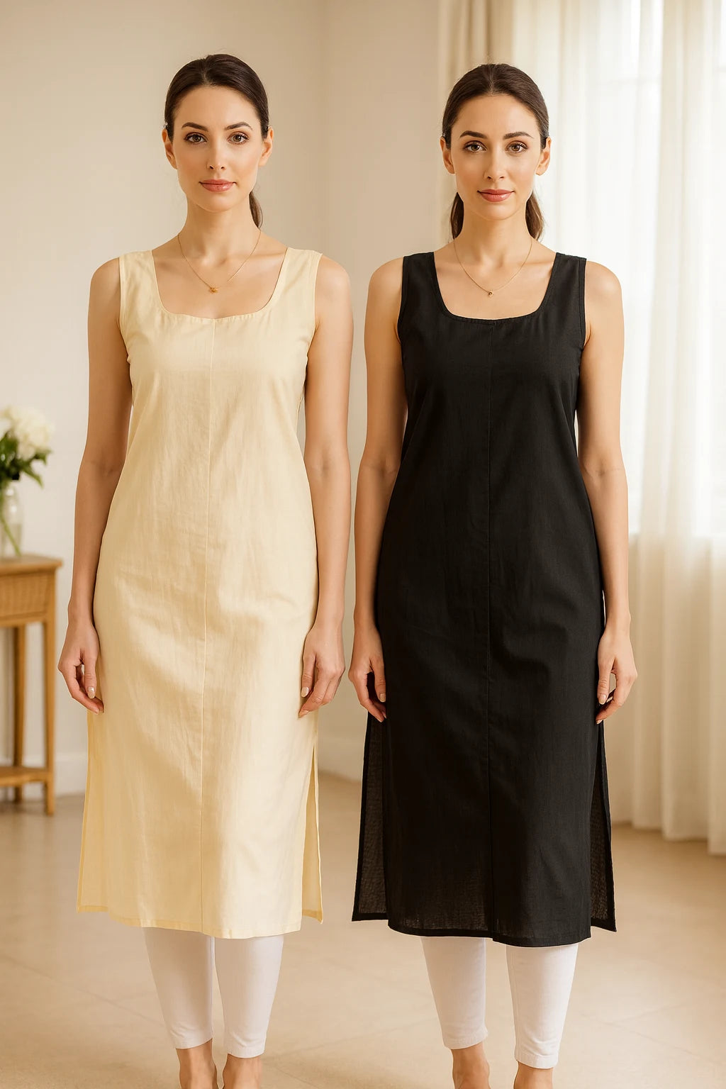 KURTIVERSE Women’s Poly Cotton Long Inner Slip Combo Pack of 2 with Side Slit | Peach & Black
