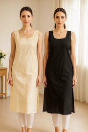 KURTIVERSE Women’s Poly Cotton Long Inner Slip Combo Pack of 2 with Side Slit | Peach & Black