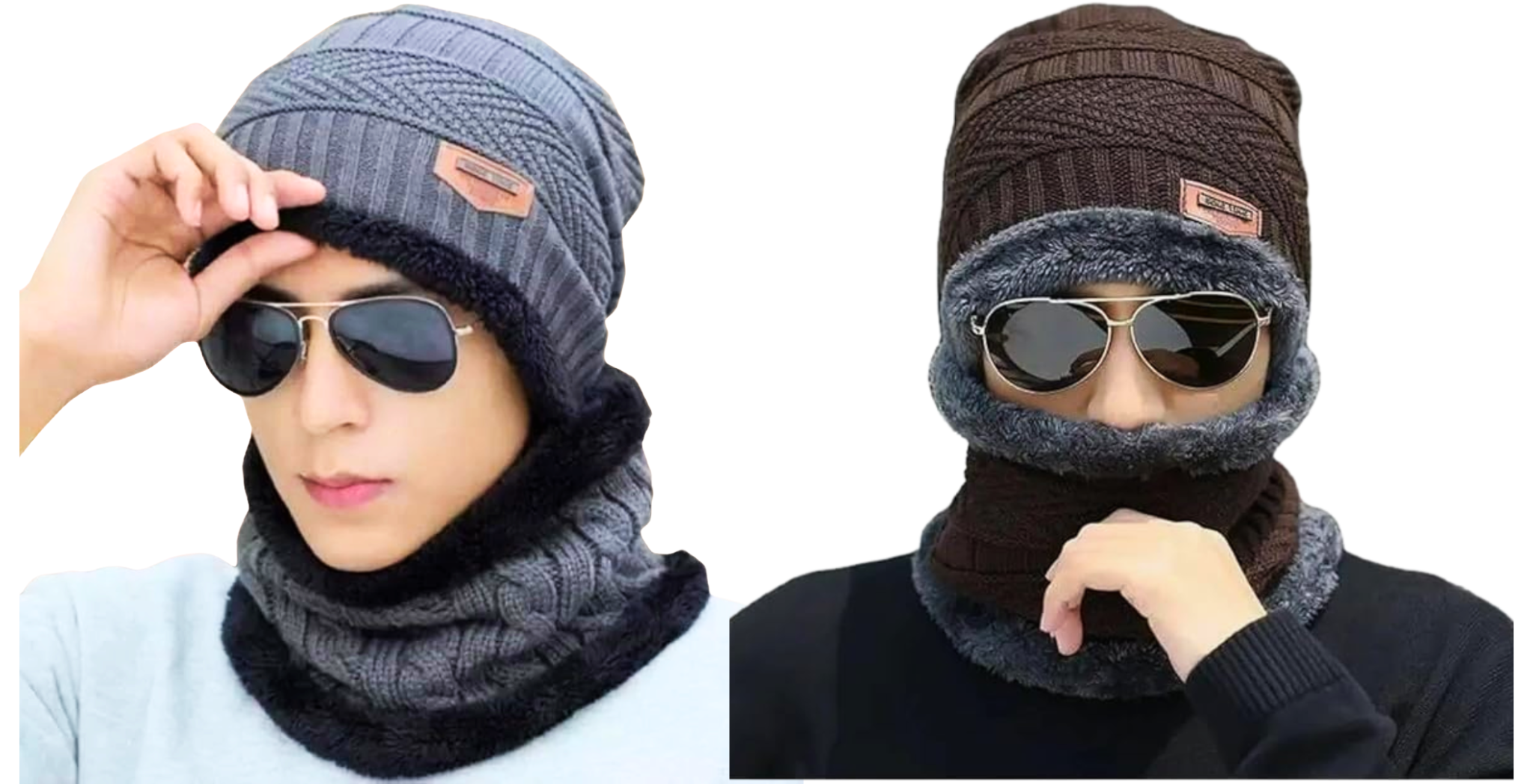KURTIVERSE Grey & Dark Brown Woolen Cap Neck Warmer Set Combo Pack Of 2