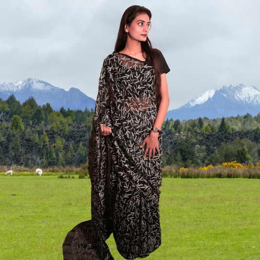 KurtiVerse Women Chikan Tepchi Embroidery Saree with Blouse Pcs