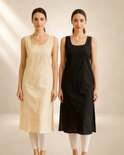 KURTIVERSE Women’s Poly Cotton Long Inner Slip Combo Pack of 2 with Side Slit | Peach & Black