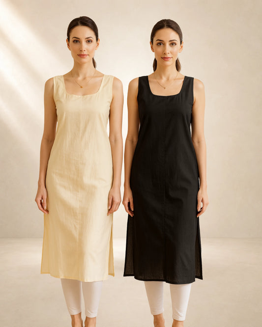 KURTIVERSE Women’s Poly Cotton Long Inner Slip Combo Pack of 2 with Side Slit | Peach & Black
