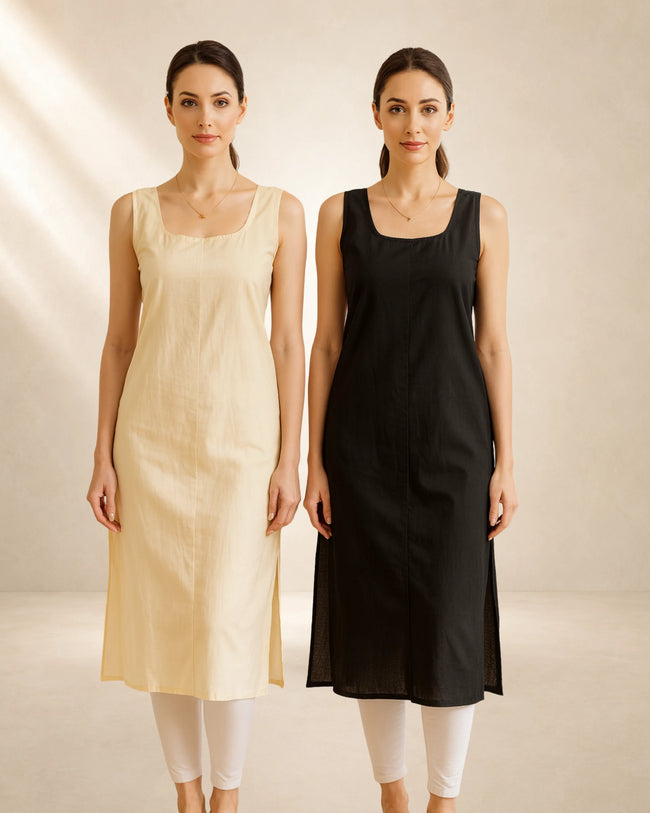 KURTIVERSE Women’s Poly Cotton Long Inner Slip Combo Pack of 2 with Side Slit | Peach & Black