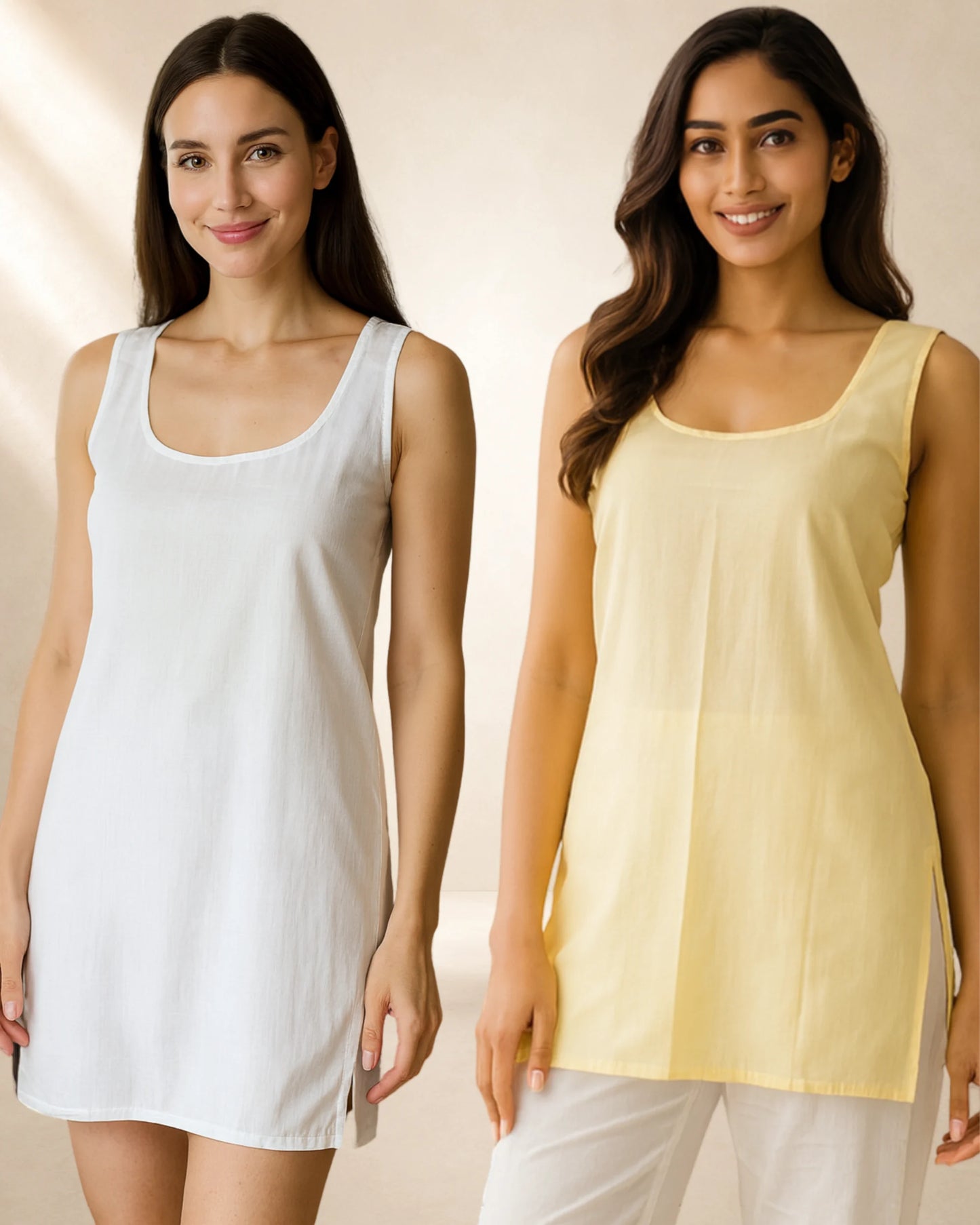 Women’s 28-Inch Short Inner Slip Combo – White & Beige (Pack of 2) – product image