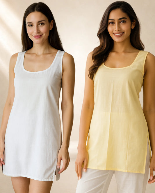 KURTIVERSE Women’s Cotton Short Inner Slip Combo Pack of 2 | White & Beige