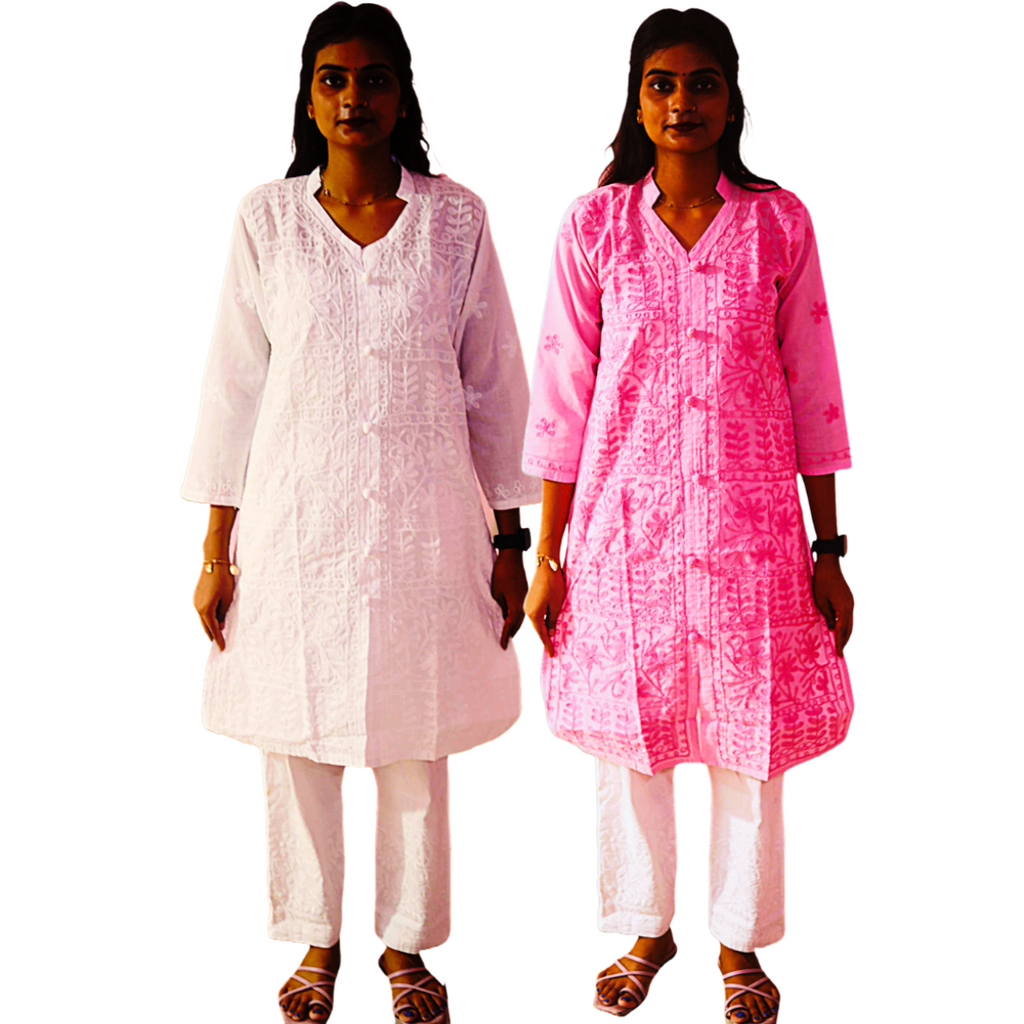 KurtiVerse White & Pink Button Kurti Combo Pack Of 2