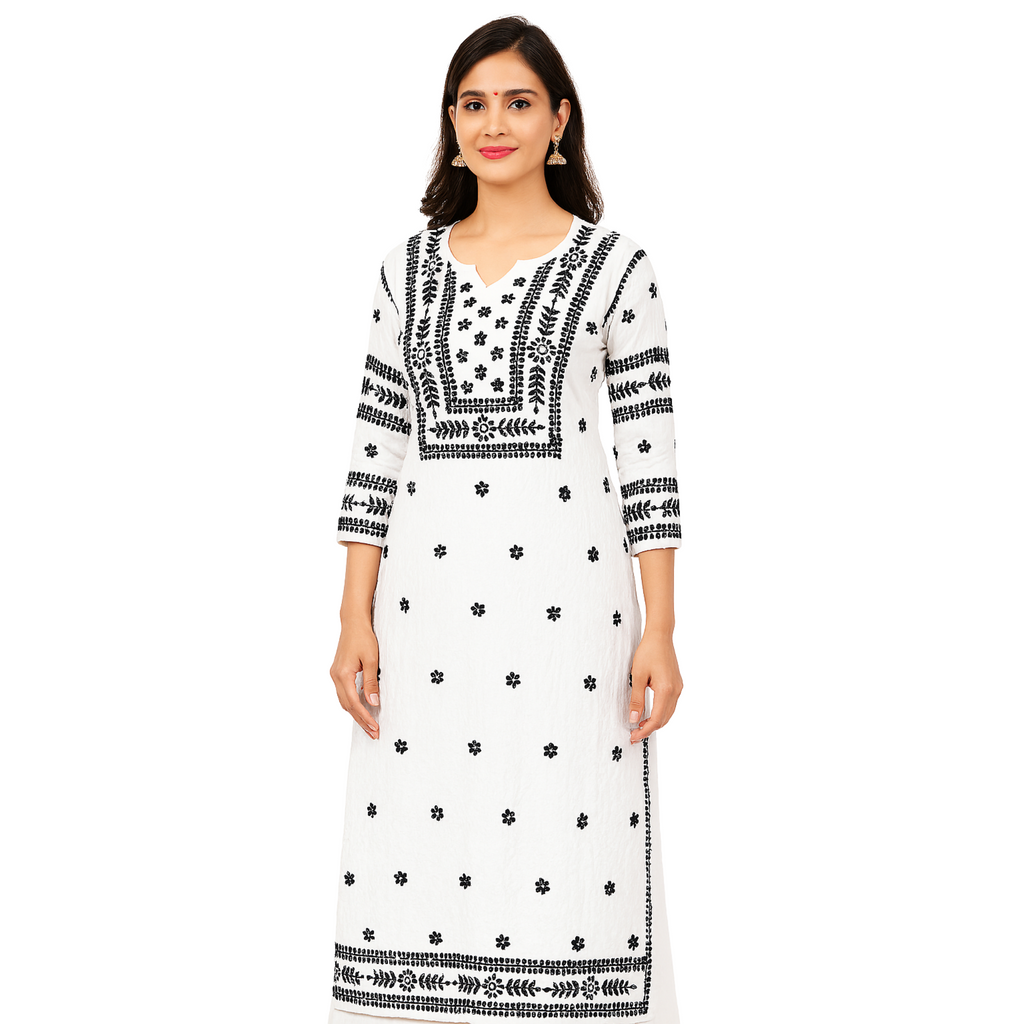 KURTIVERSE Women's Chikankari Kurti White with Black Hand Embroidery 3/4 Sleeve Traditional Indian Ethnic Wear Kurta for Rakhi, Diwali, Dussehra Festival Wear