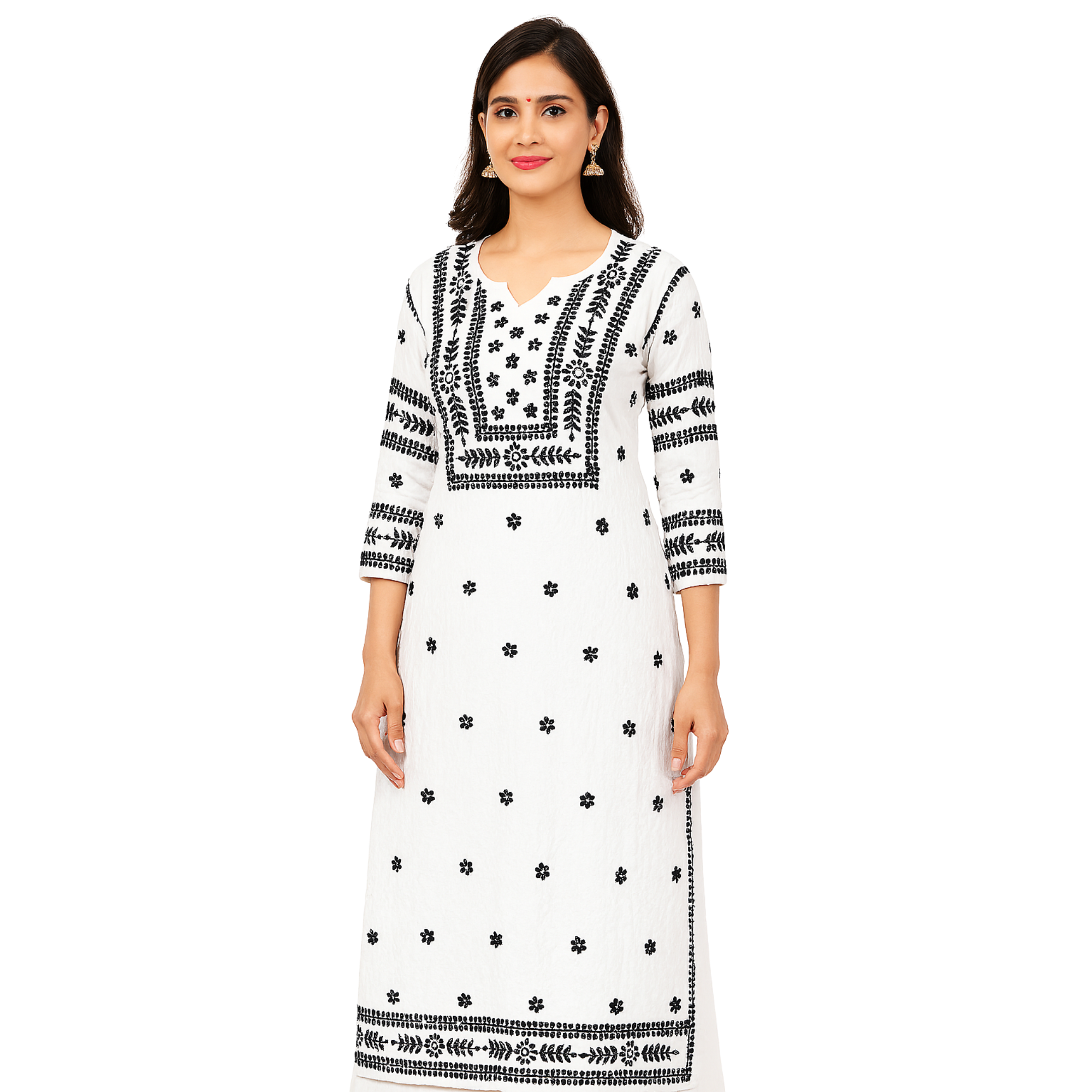 KURTIVERSE Women's Chikankari Kurti White with Black Hand Embroidery 3/4 Sleeve Traditional Indian Ethnic Wear Kurta for Rakhi, Diwali, Dussehra Festival Wear