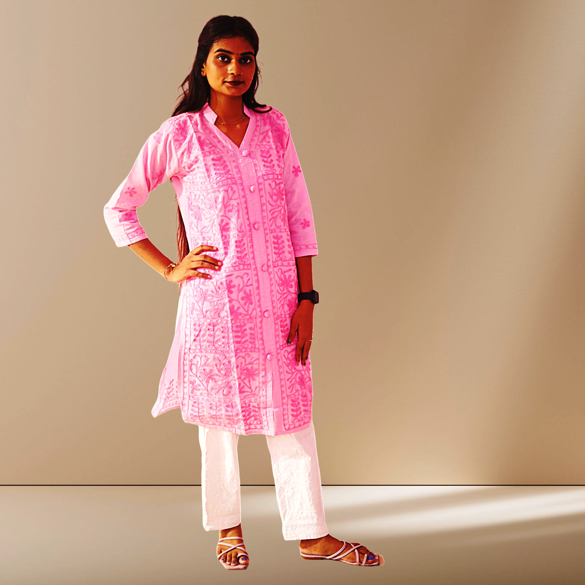 KurtiVerse White & Pink Button Kurti Combo Pack Of 2
