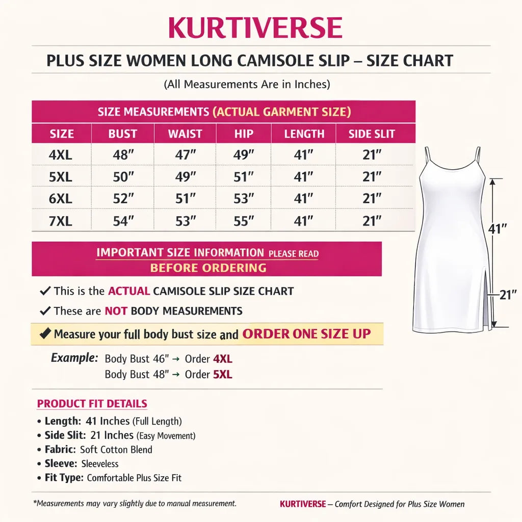 KURTIVERSE Women’s Poly Cotton Plus Size Inner Slip | Full Length 41 Inch | Sizes 4XL–7XL