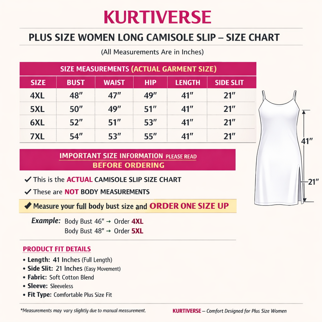KURTIVERSE Women’s Poly Cotton Plus Size Inner Slip | Full Length 41 Inch | Sizes 4XL–7XL