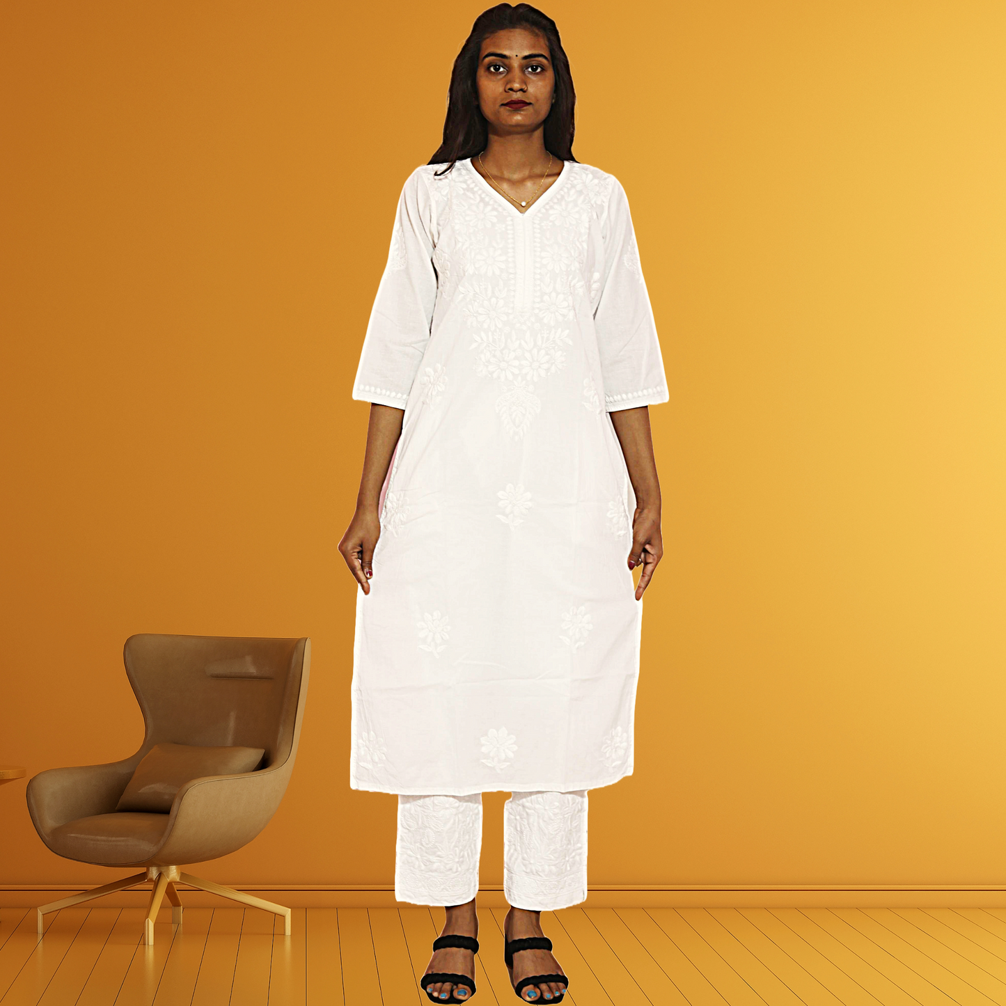 KurtiVerse Women Pure Cotton Chikankari Hand Embroidery Kurti White Kurta