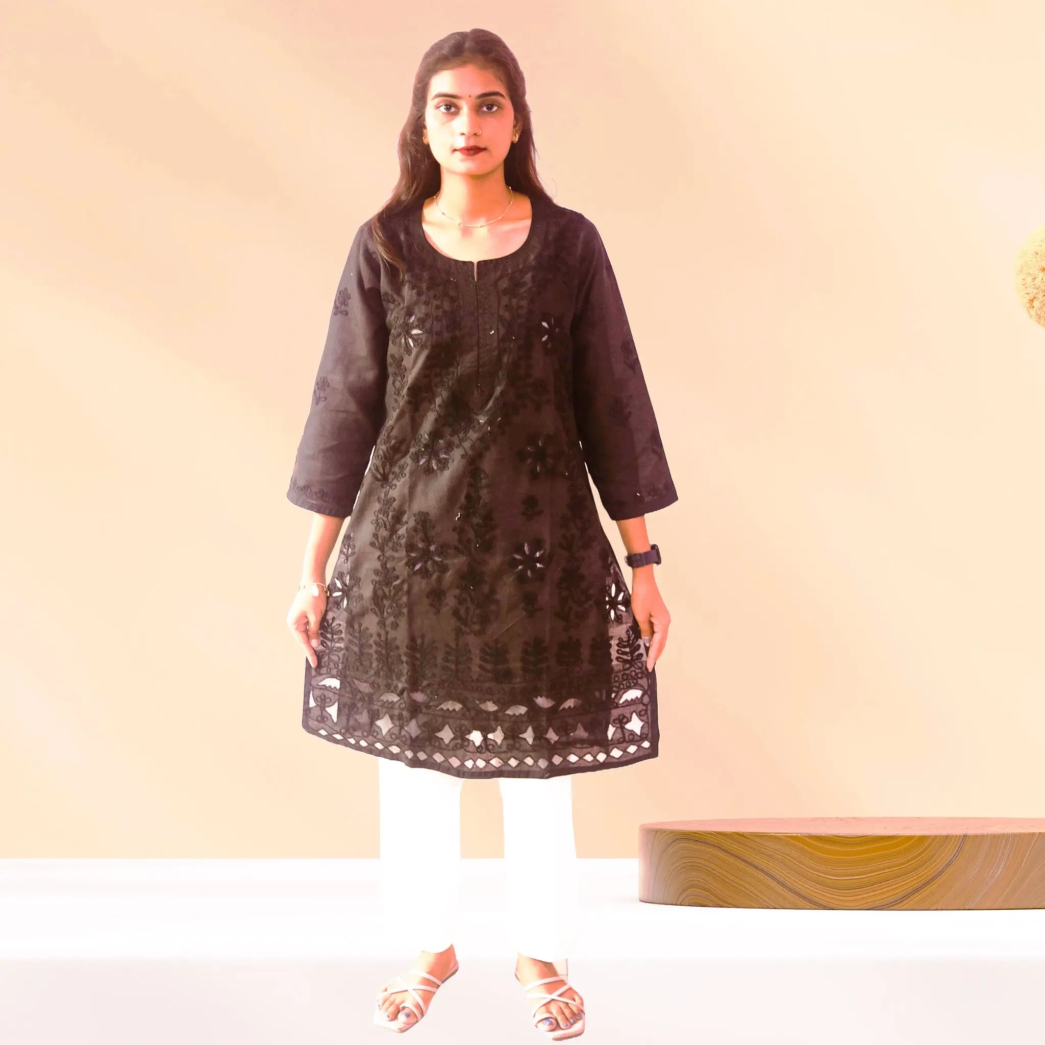 Chikan Cotton Kurti for Women with Net Embroidery Diwali Dress KurtiVerse