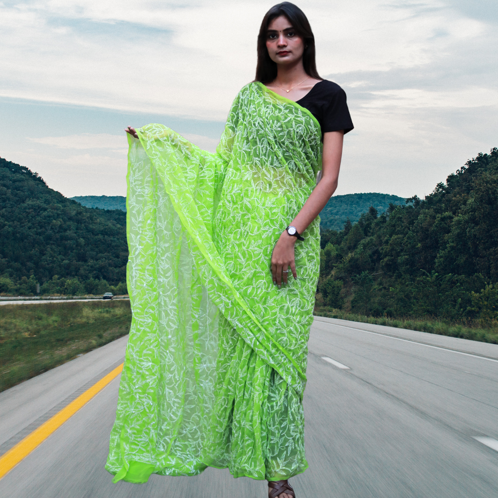 KURTIVERSE Women Chikankari Hand Embroidery Saree Blouse, Green