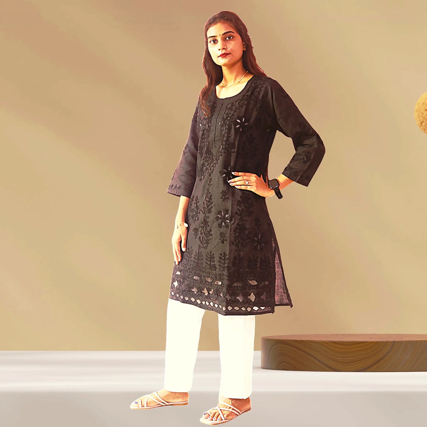 Chikan Cotton Kurti for Women with Net Embroidery Diwali Dress KurtiVerse